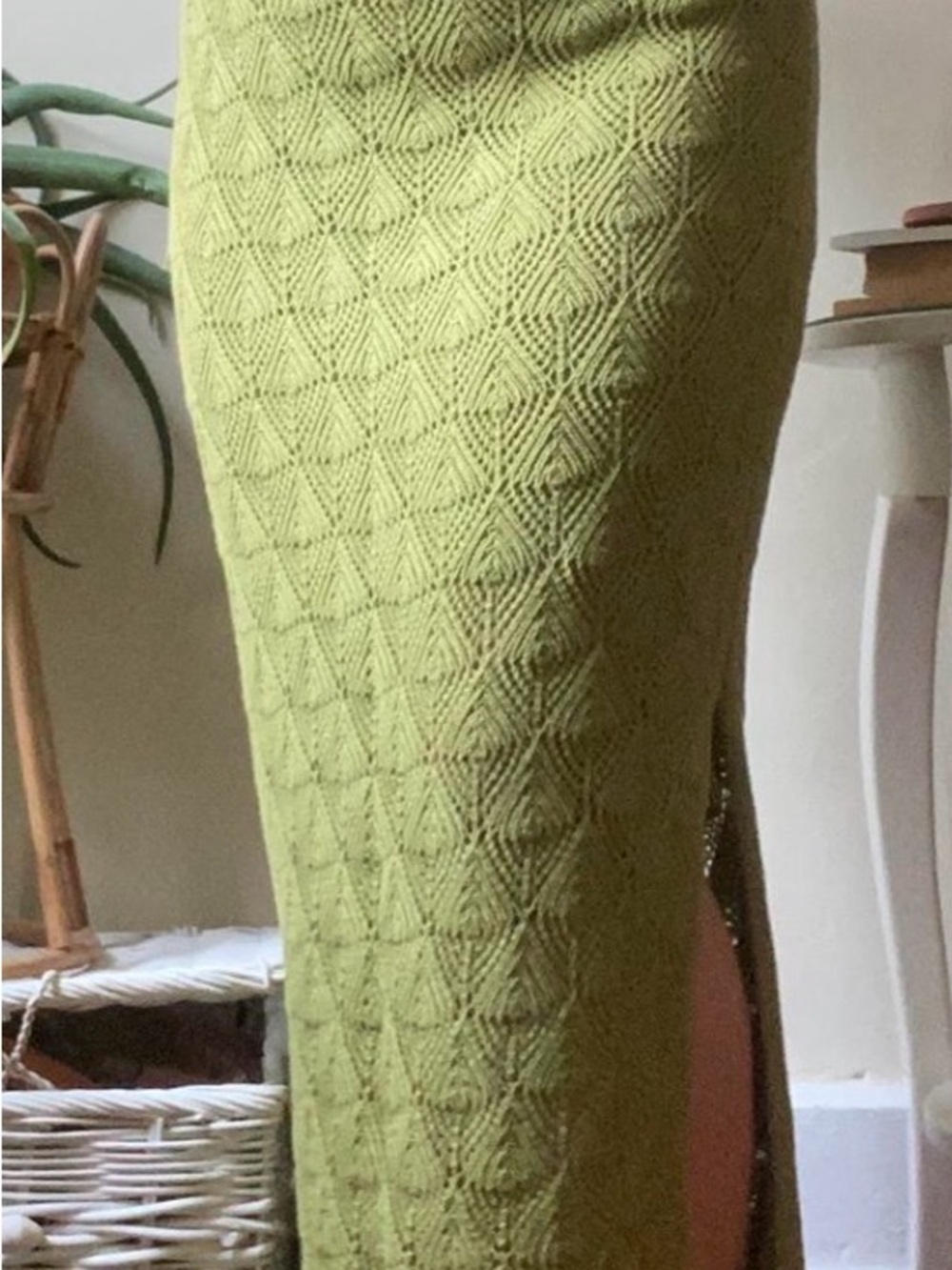 Anthropologie Lime Green Textured Knit Pencil Skirt with Side Slit